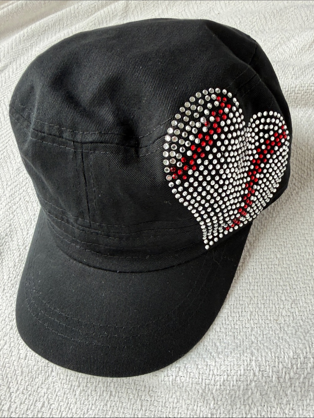 Black Baseball Cadet Cap with Rhinestone Heart Accent